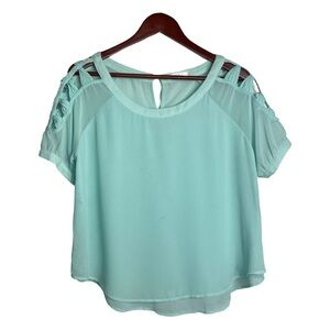 Aqua Blue Cold Shoulder Braided Strap Short Sleeve Blouse Top Large